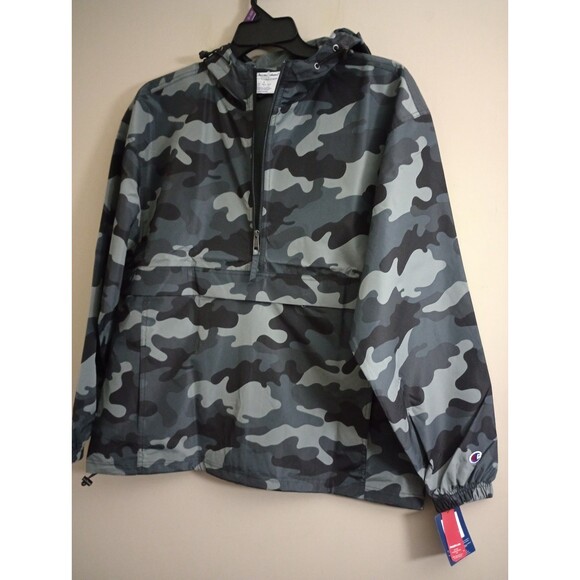 NWT Champion Lightweight Black/Grey Camo Waterproof Windbreaker Jacket Size L - Picture 2 of 12